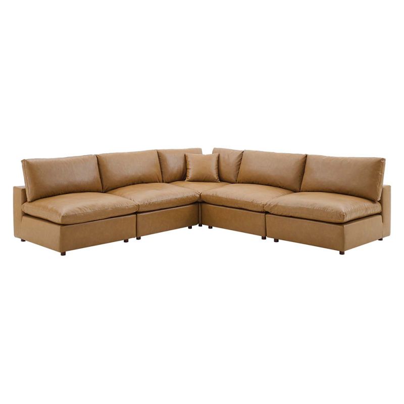 Modway - Commix Down Filled Overstuffed Vegan Leather 5-Piece Sectional Sofa in Tan - EEI-4919-TAN