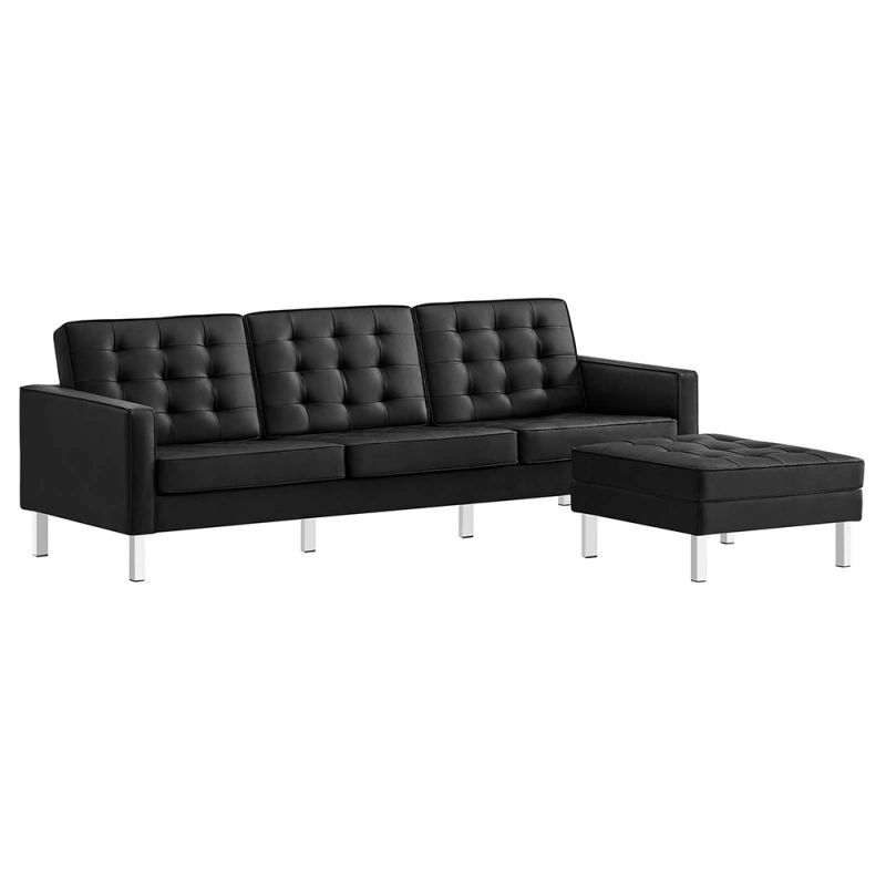 Modway - Loft Tufted Vegan Leather Sofa and Ottoman Set - EEI-6410-SLV-BLK-SET