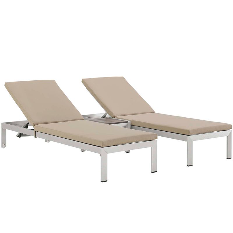 Modway - Shore 3 Piece Outdoor Patio Aluminum Chaise with Cushions - EEI-2736-SLV-BEI-SET