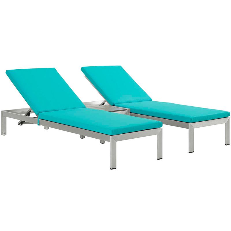 Modway - Shore 3 Piece Outdoor Patio Aluminum Chaise with Cushions - EEI-2736-SLV-TRQ-SET