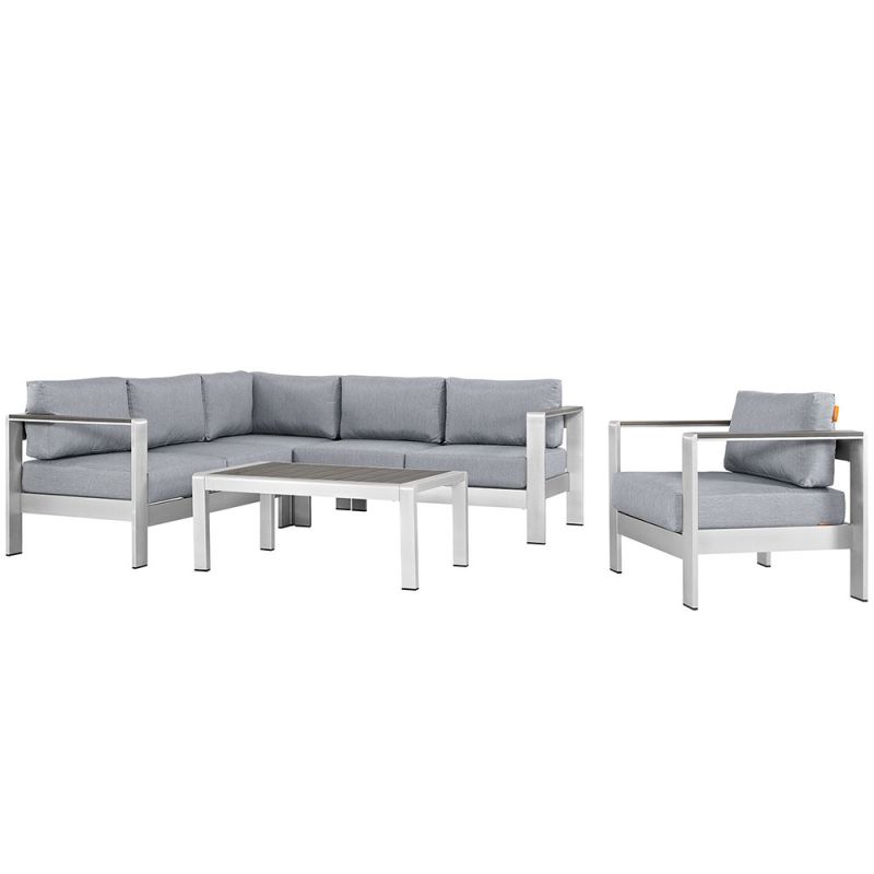 Modway - Shore 5 Piece Outdoor Patio Aluminum Sectional Sofa Set - EEI-2560-SLV-GRY