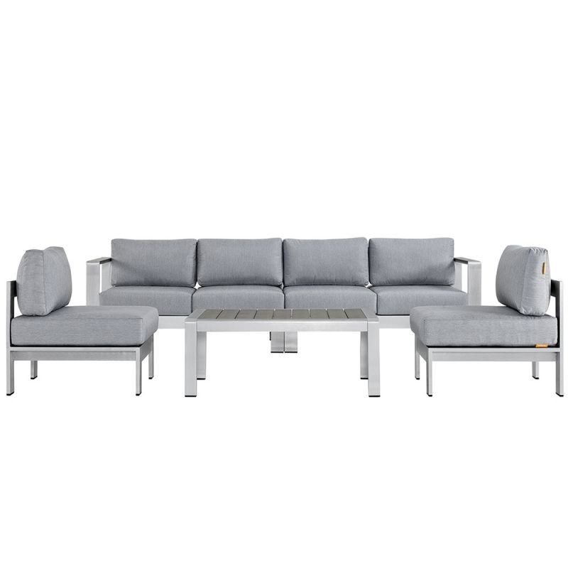 Modway - Shore 5 Piece Outdoor Patio Aluminum Sectional Sofa Set - EEI-2564-SLV-GRY