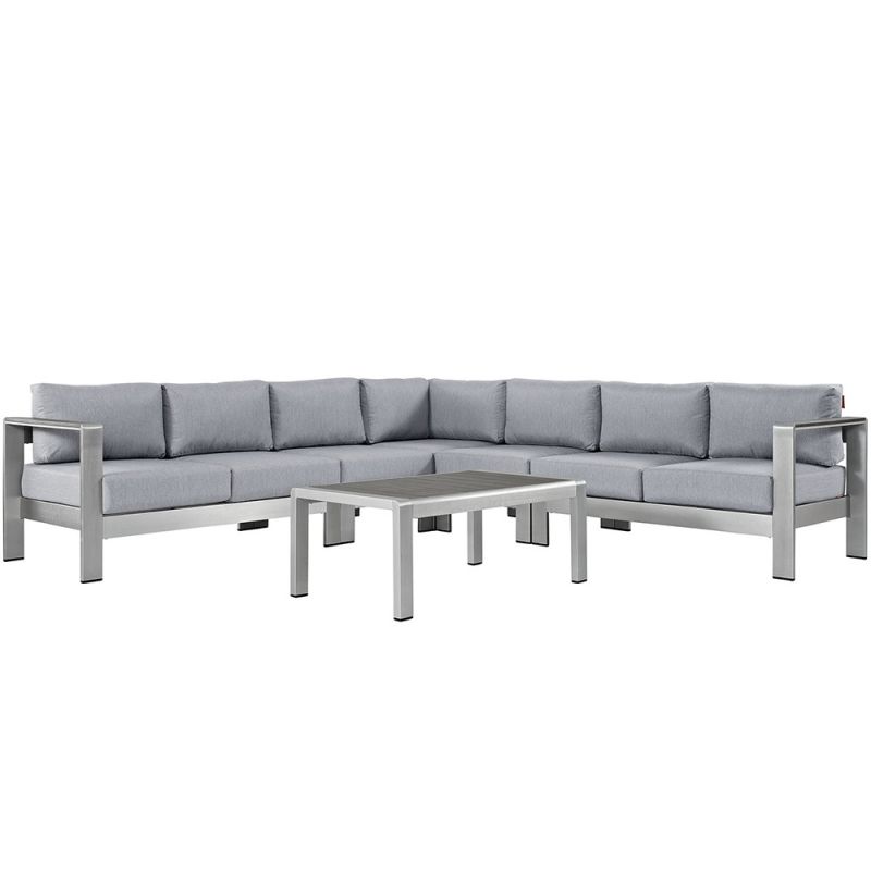 Modway - Shore 6 Piece Outdoor Patio Aluminum Sectional Sofa Set - EEI-2561-SLV-GRY