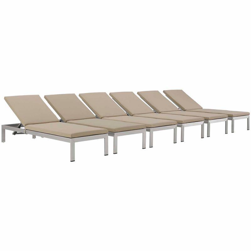 Modway - Shore Chaise with Cushions Outdoor Patio Aluminum (Set of 6) - EEI-2739-SLV-BEI-SET