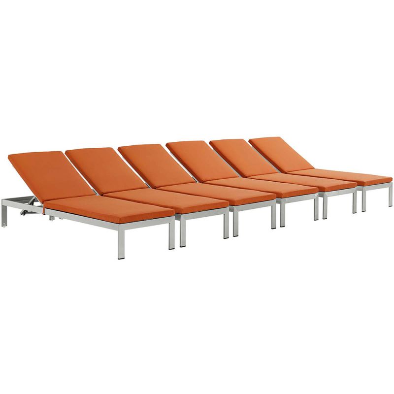 Modway - Shore Chaise with Cushions Outdoor Patio Aluminum (Set of 6) - EEI-2739-SLV-ORA-SET