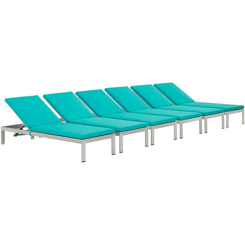 Modway - Shore Chaise with Cushions Outdoor Patio Aluminum (Set of 6) - EEI-2739-SLV-TRQ-SET