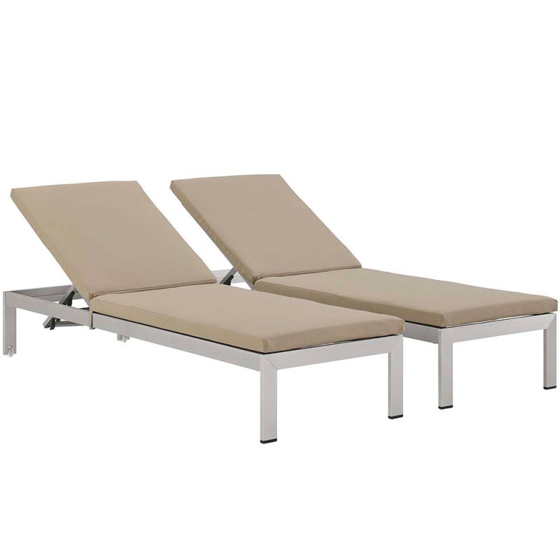 Modway - Shore Chaise with Cushions Outdoor Patio Aluminum (Set of 2) - EEI-2737-SLV-BEI-SET