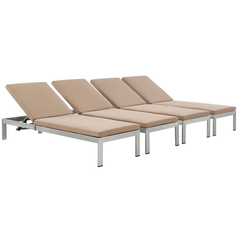 Modway - Shore Chaise with Cushions Outdoor Patio Aluminum (Set of 4) - EEI-2738-SLV-MOC-SET