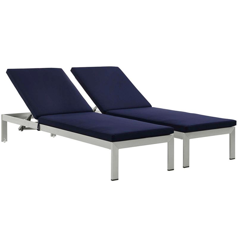 Modway - Shore Chaise with Cushions Outdoor Patio Aluminum (Set of 2) - EEI-2737-SLV-NAV-SET