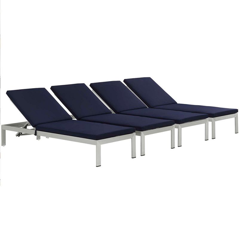 Modway - Shore Chaise with Cushions Outdoor Patio Aluminum (Set of 4) - EEI-2738-SLV-NAV-SET
