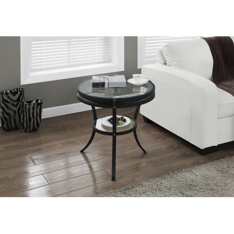 Monarch Specialties - Accent Table, Side, End, Nightstand, Lamp, Round, Living Room, Bedroom, Metal, Tempered Glass, Black, Clear, Transitional - I-2140
