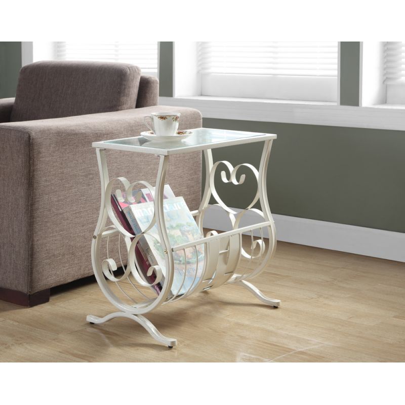 Monarch Specialties - Accent Table, Side, End, Magazine, Nightstand, Narrow, Living Room, Bedroom, Metal, Tempered Glass, White, Clear, Traditional - I-3312