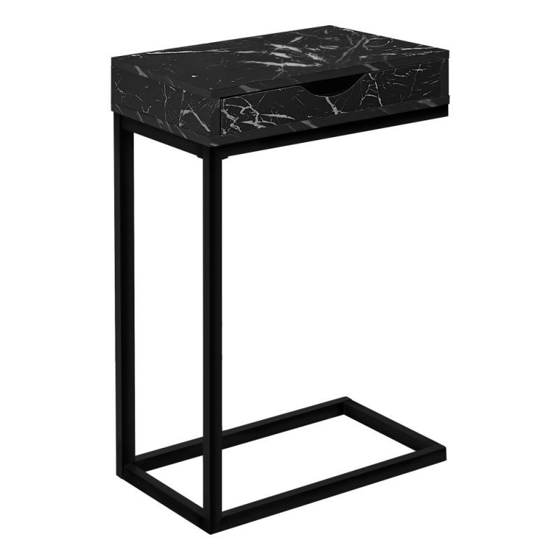 Monarch Specialties - Accent Table, C-Shaped, End, Side, Snack, Storage Drawer, Living Room, Bedroom, Metal, Laminate, Black Marble Look, Contemporary, Modern - I-3604