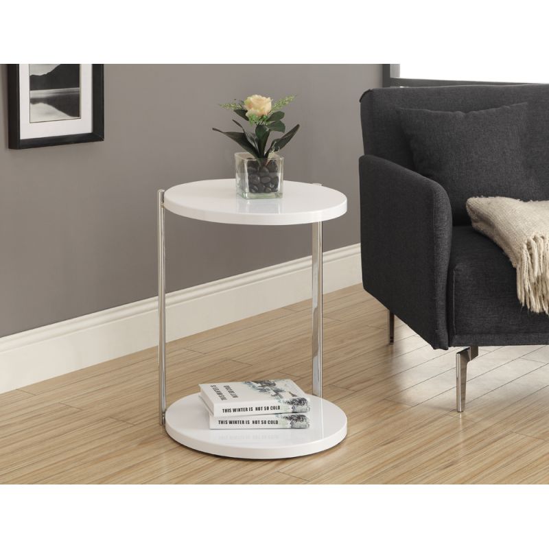Monarch Specialties - Accent Table, Round, Side, End, Nightstand, Lamp, Living Room, Bedroom, Metal, Laminate, Glossy White, Chrome, Contemporary, Modern - I-3056
