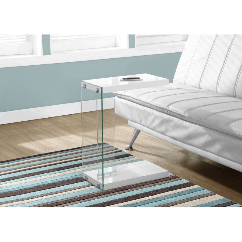Monarch Specialties - Accent Table, C-Shaped, End, Side, Snack, Living Room, Bedroom, Tempered Glass, Laminate, Glossy White, Clear, Contemporary, Modern - I-3215