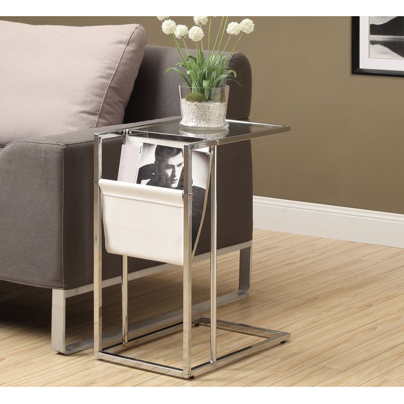 Monarch Specialties - Accent Table, C-Shaped, End, Side, Snack, Magazine Storage, Living Room, Bedroom, Metal, Pu Leather Look, Tempered Glass, Chrome, Clear, Contemporary, Modern - I-3034