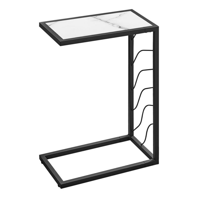 Monarch Specialties - Accent Table, C-Shaped, End, Side, Snack, Living Room, Bedroom, Metal, Laminate, White Marble Look, Black, Contemporary, Modern - I-3300