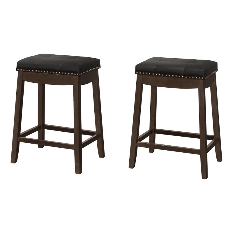 Monarch Specialties - Bar Stool, (Set of 2) Counter Height, Saddle Seat, Kitchen, Wood, Pu Leather Look, Black, Brown, Transitional - I-1261