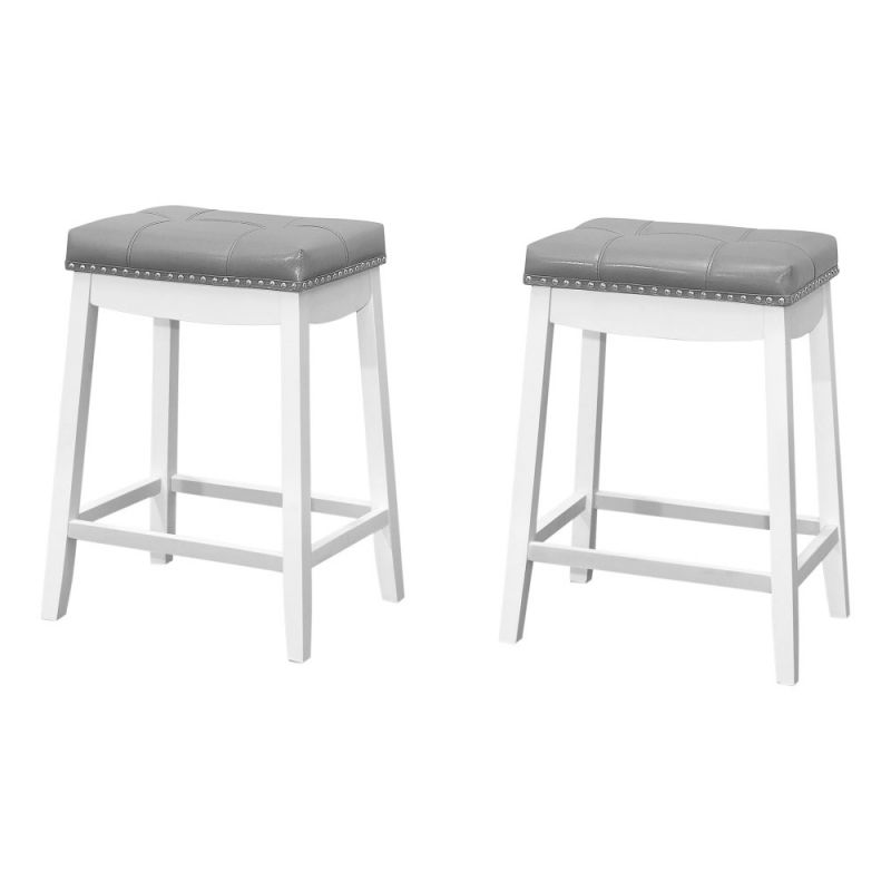Monarch Specialties - Bar Stool, (Set of 2) Counter Height, Saddle Seat, Kitchen, Wood, Pu Leather Look, White, Grey, Transitional - I-1263