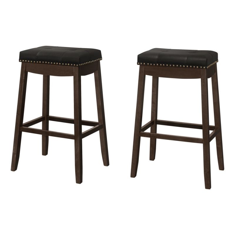 Monarch Specialties - Bar Stool, (Set of 2) Bar Height, Saddle Seat, Wood, Pu Leather Look, Black, Brown, Transitional - I-1260