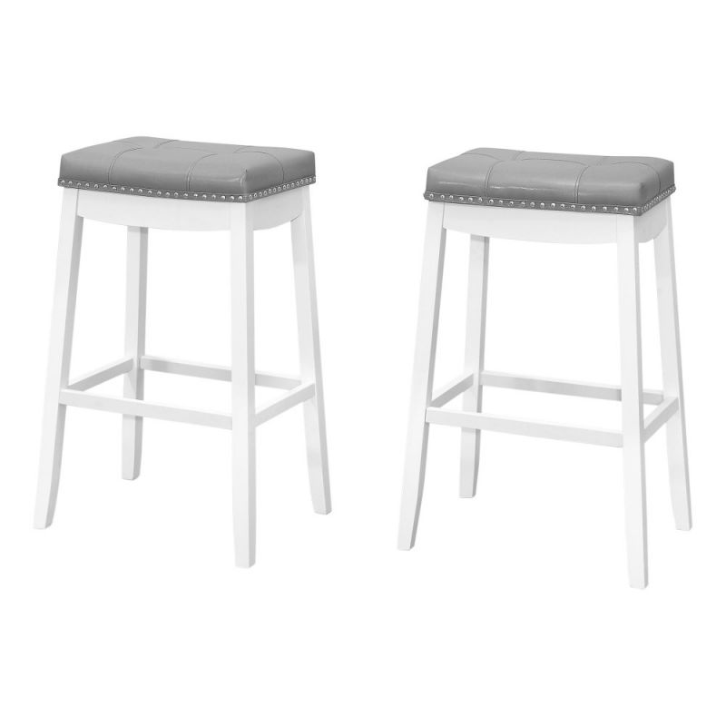 Monarch Specialties - Bar Stool, (Set of 2) Bar Height, Saddle Seat, Wood, Pu Leather Look, White, Grey, Transitional - I-1262