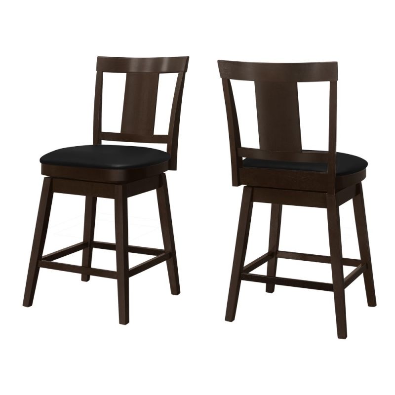 Monarch Specialties - Bar Stool, (Set of 2) Swivel, Counter Height, Kitchen, Wood, Pu Leather Look, Brown, Black, Transitional - I-1231