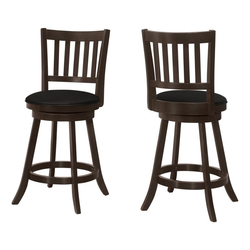 Monarch Specialties - Bar Stool, (Set of 2) Swivel, Counter Height, Kitchen, Wood, Pu Leather Look, Brown, Black, Transitional - I-1237