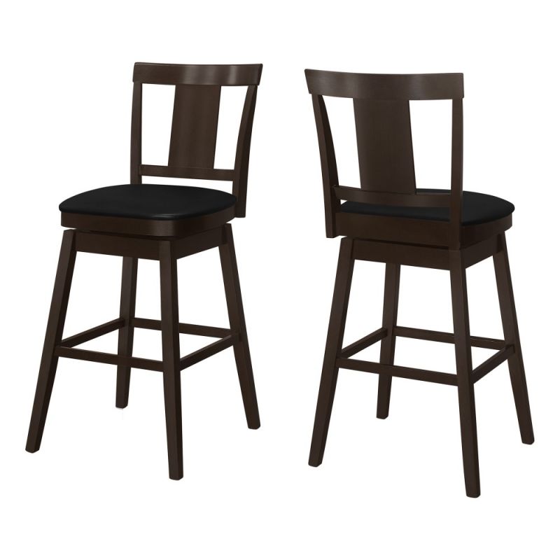 Monarch Specialties - Bar Stool, (Set of 2) Swivel, Bar Height, Wood, Pu Leather Look, Brown, Black, Transitional - I-1230