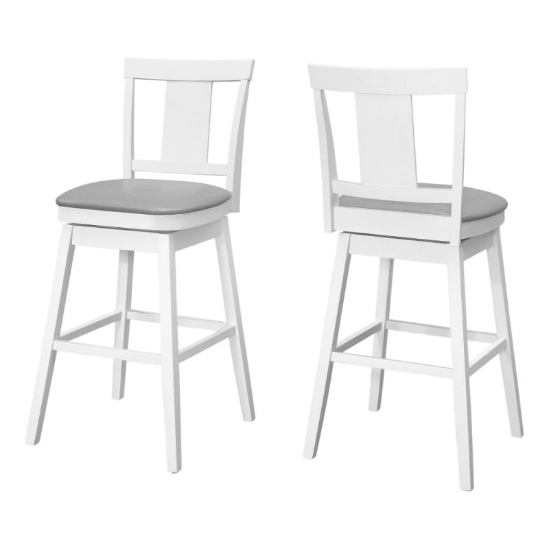 Monarch Specialties - Bar Stool, (Set of 2) Swivel, Bar Height, Wood, Pu Leather Look, White, Grey, Transitional - I-1232