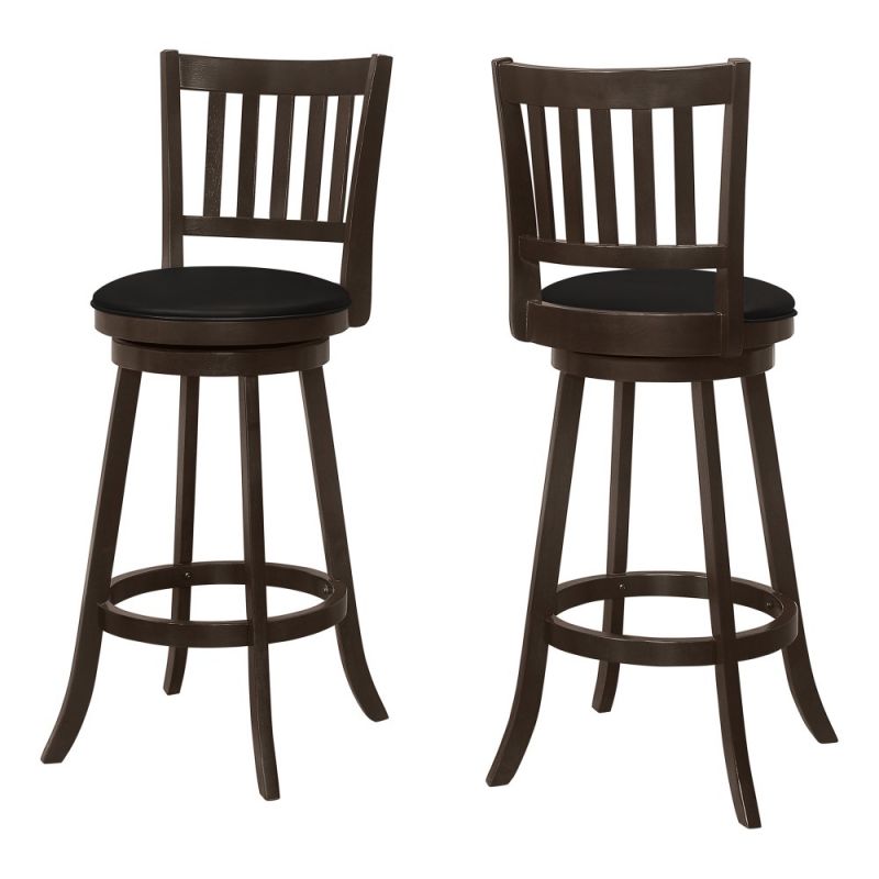 Monarch Specialties - Bar Stool, (Set of 2) Swivel, Bar Height, Wood, Pu Leather Look, Brown, Black, Transitional - I-1236