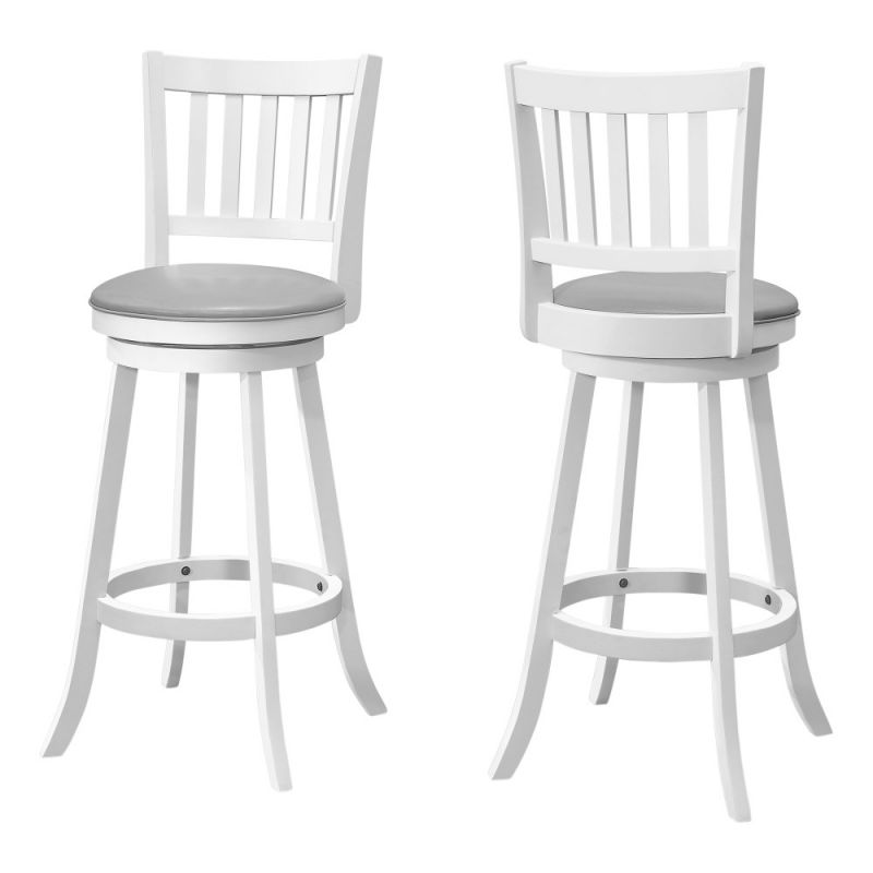 Monarch Specialties - Bar Stool, (Set of 2) Swivel, Bar Height, Wood, Pu Leather Look, White, Grey, Transitional - I-1238