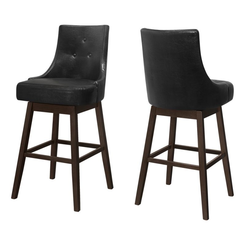 Monarch Specialties - Bar Stool, (Set of 2) Swivel, Bar Height, Wood, Pu Leather Look, Black, Brown, Transitional - I-1242