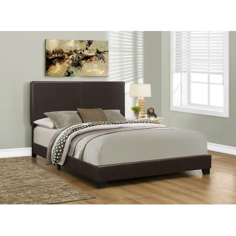Monarch Specialties - Bed, Queen Size, Platform, Bedroom, Frame, Upholstered, Pu Leather Look, Wood Legs, Brown, Transitional - I-5910Q