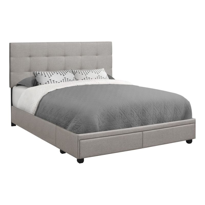 Monarch Specialties - Bed, Queen Size, Platform, Bedroom, Frame, Upholstered, Linen Look, Wood Legs, Grey, Transitional - I-6020Q