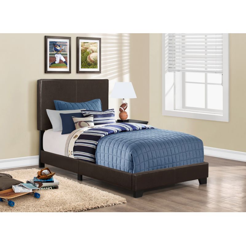 Monarch Specialties - Bed, Twin Size, Platform, Bedroom, Frame, Upholstered, Pu Leather Look, Wood Legs, Brown, Transitional - I-5910T