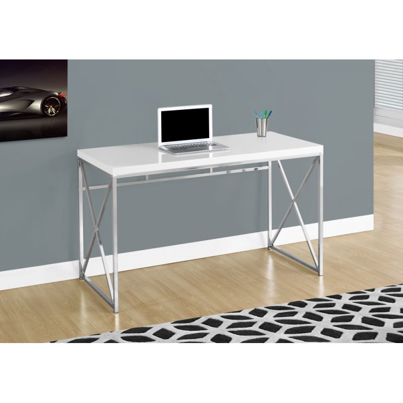Monarch Specialties - Computer Desk, Home Office, Laptop, Work, Metal, Laminate, Glossy White, Chrome, Contemporary, Modern - I-7205