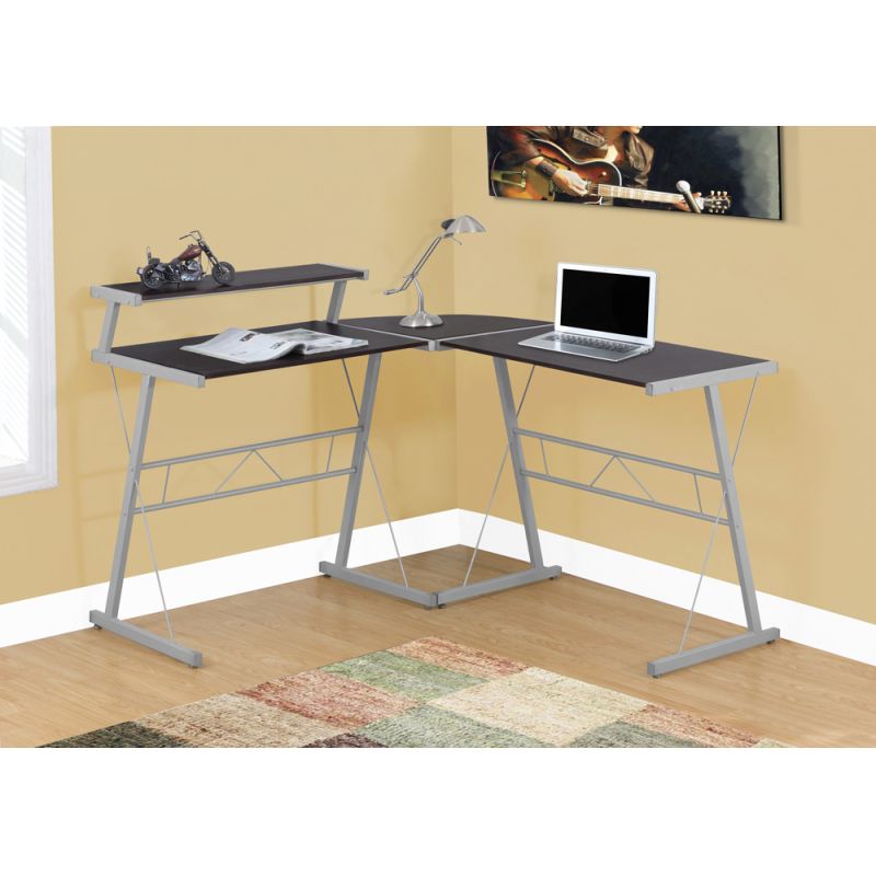 Monarch Specialties - Computer Desk, Home Office, Corner, L Shape, Work, Laptop, Metal, Laminate, Brown, Grey, Contemporary, Modern - I-7171