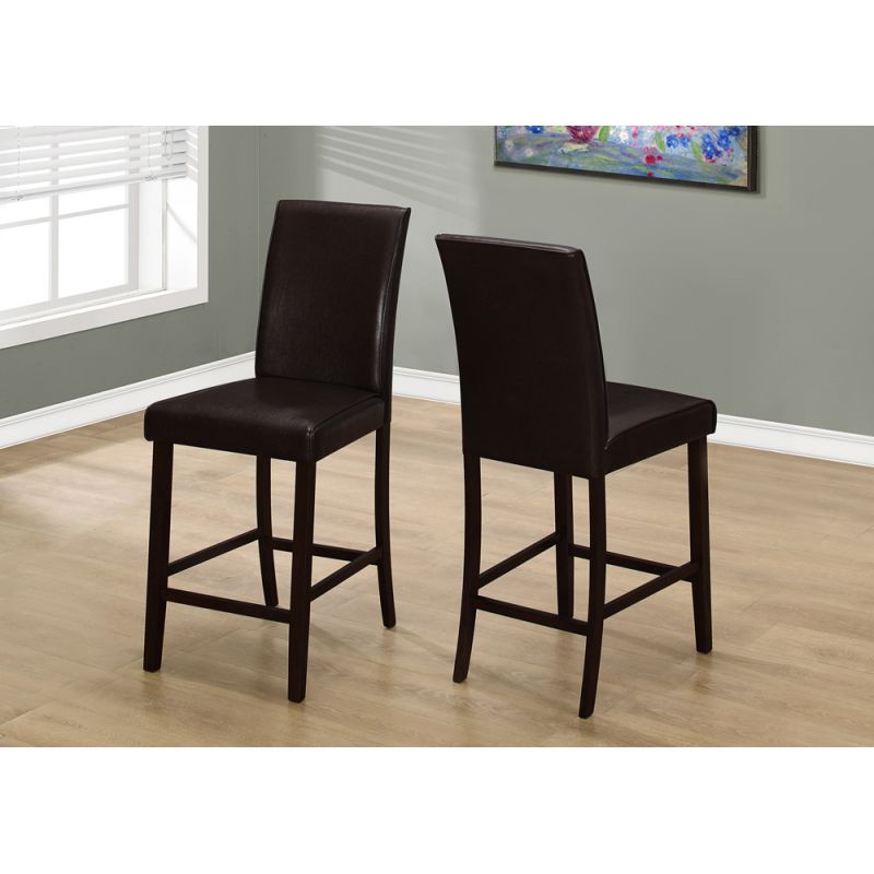 Monarch Specialties - Dining Chair, (Set of 2) Counter Height, Upholstered, Kitchen, Dining Room, Pu Leather Look, Wood Legs, Brown, Transitional - I-1901