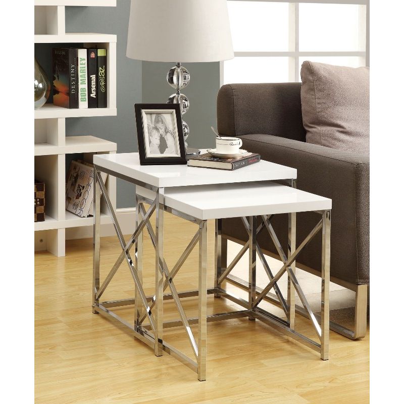 Monarch Specialties - Nesting Table, (Set of 2) Side, End, Metal, Accent, Living Room, Bedroom, Metal, Laminate, Glossy White, Chrome, Contemporary, Modern - I-3025