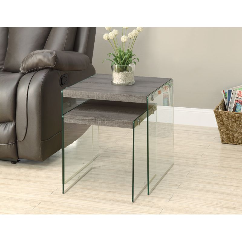 Monarch Specialties - Nesting Table, (Set of 2) Side, End, Accent, Living Room, Bedroom, Tempered Glass, Laminate, Brown, Clear, Contemporary, Modern - I-3053