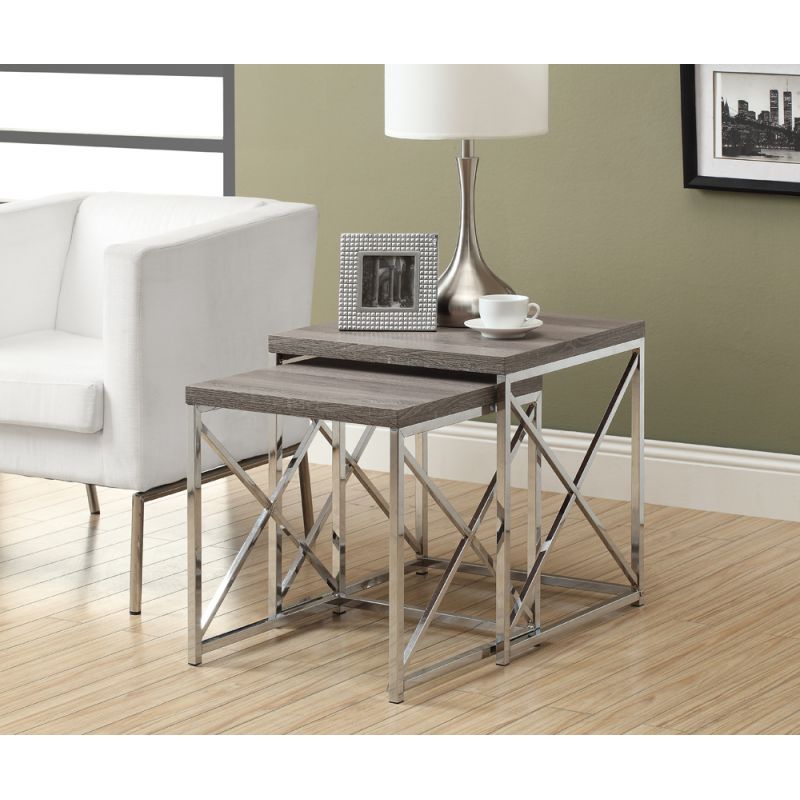 Monarch Specialties - Nesting Table, (Set of 2) Side, End, Metal, Accent, Living Room, Bedroom, Metal, Laminate, Brown, Chrome, Contemporary, Modern - I-3255