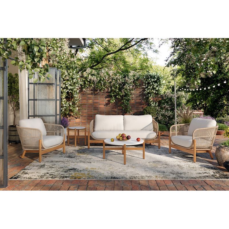 New Classic Furniture - Solstice 5 Piece Outdoor Rope & Solid Wood Conversation Set-Patio Loveseat,  2 Patio Club Chairs, Terazzo Top Coffee Table & End Table-Linen Beige - 60-823-4P