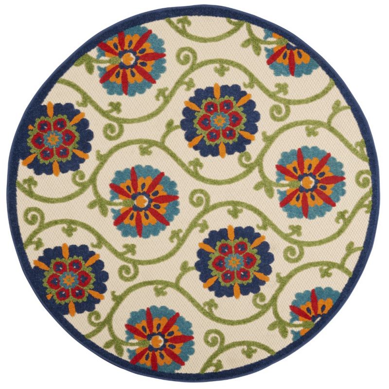 Nourison - Aloha ALH19 4' x Round Blue Multicolor Easy-care Indoor-outdoor Rug - ALH19-99446498717