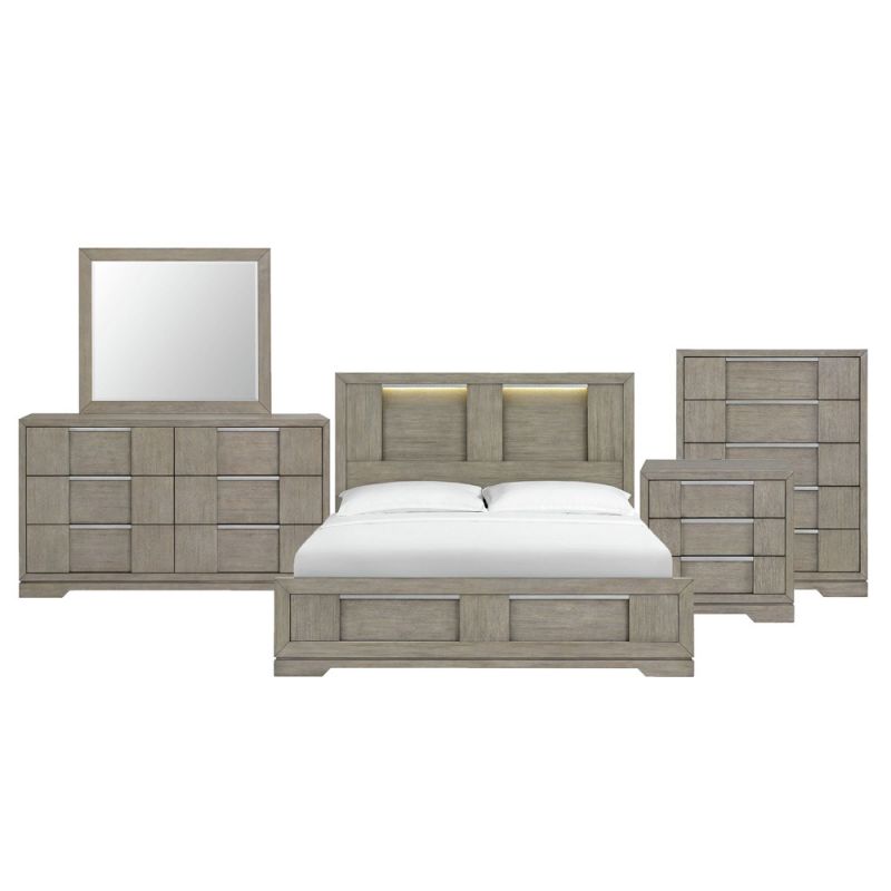 Picket House Furnishings - Argo King Panel 5PC Bedroom Set with LED in Grey - B-9770-3-KBL-5PC