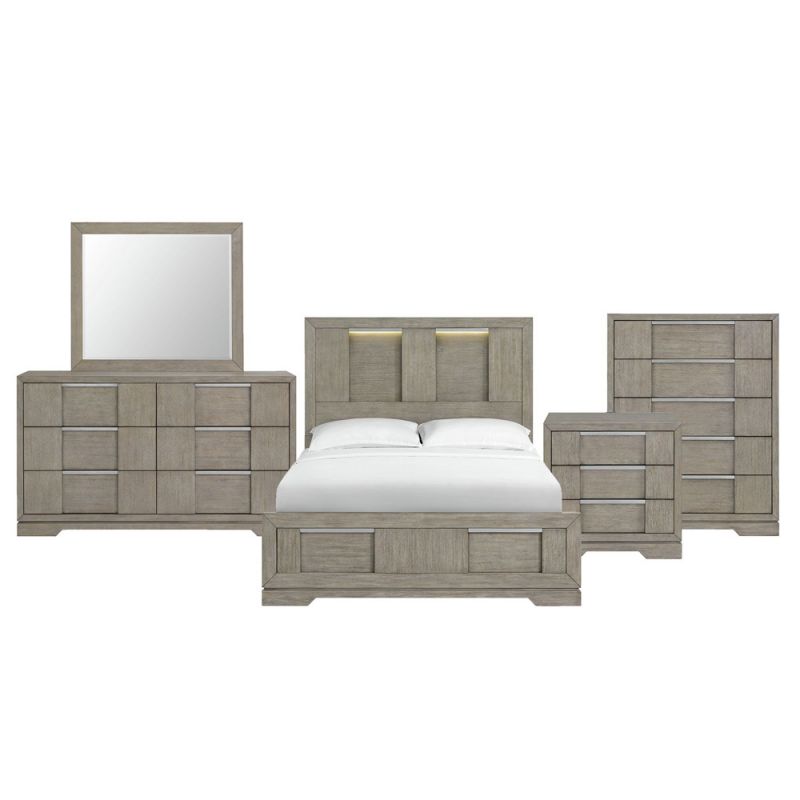 Picket House Furnishings - Argo Queen Panel 5PC Bedroom Set with LED in Grey - B-9770-3-QBL-5PC