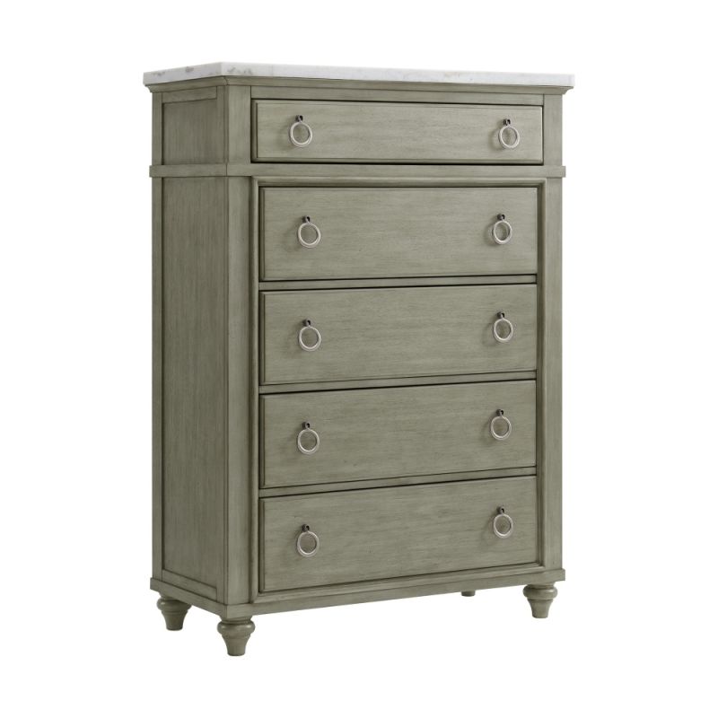 Picket House Furnishings - Bessie 5-Drawer Chest w/ White Marble Top in Grey - B-10190-CH