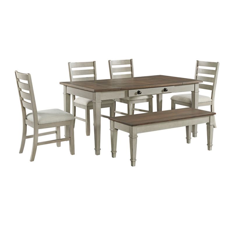 Picket House Furnishings - Bloomfield 6PC Standard Height Dining Set in Medium Brown and Washed Stone-Rectangular Table, Four Chairs & Storage Bench - D-9890-7-6PC