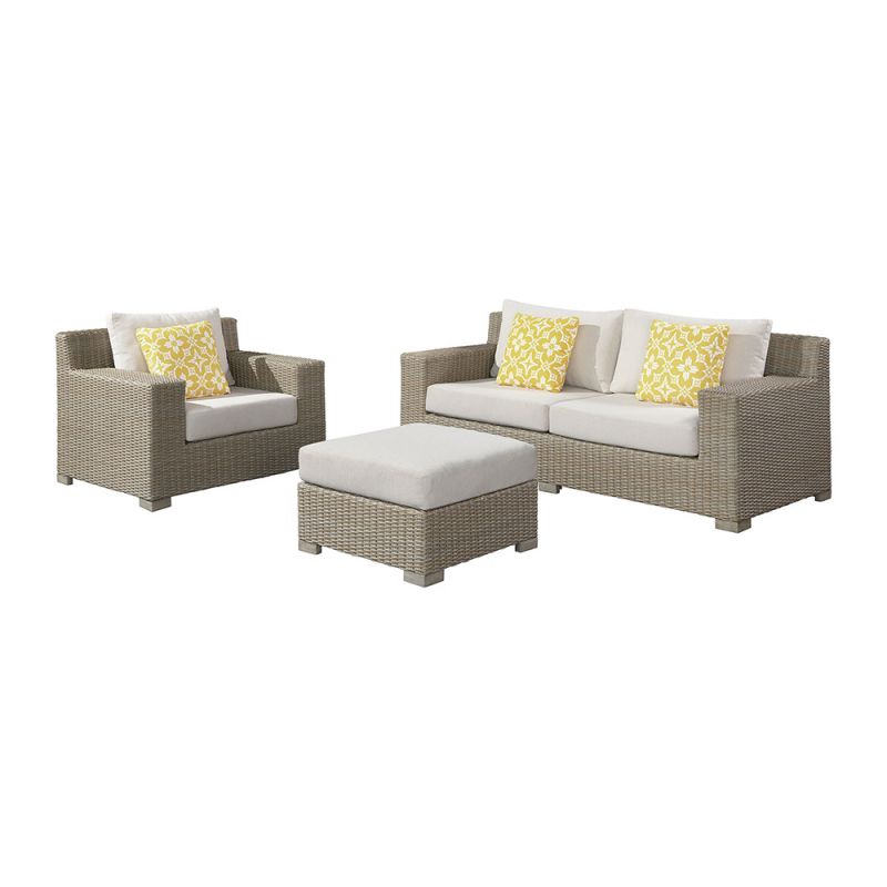 Picket House Furnishings - Camal 3PC Patio Conversation Set in Tan and Olefin White Cream-Sofa, Chair & Ottoman - O-10880-10310-PS-3PC