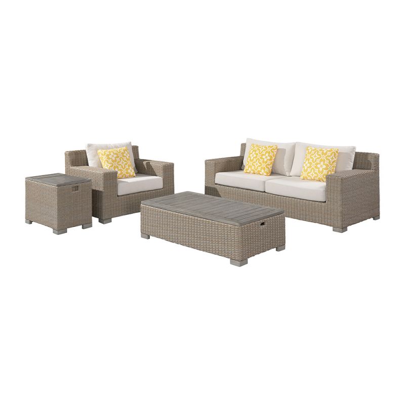 Picket House Furnishings - Camal 4PC Patio Conversation Set in Tan and Olefin White Cream-Sofa, Chair, - O-10880-10310-PS-4PC