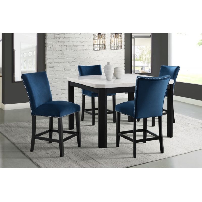 Picket House Furnishings - Celine White Marble 5PC Counter Height Dining Set-Table & Four Blue Velvet Chairs - CFC700CBL5PC